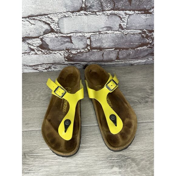 Birkenstock Gizeh Yellow Patent Leather Cork Slide Sandals Women Sz 37EU/6.5M US - Picture 2 of 16